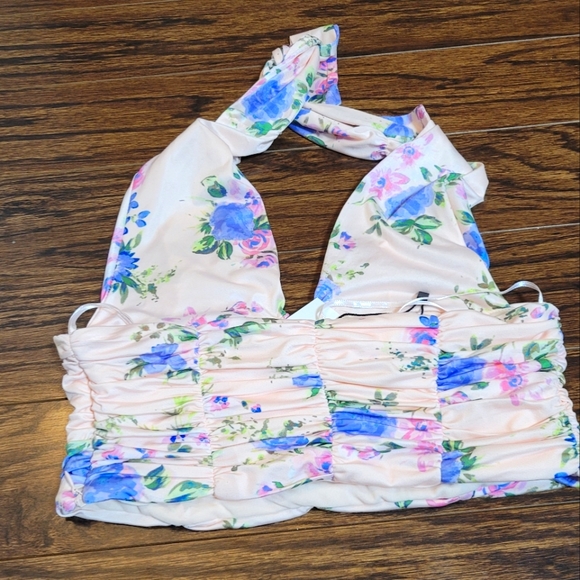 Zara NEW Halter Cropped Top Pink Purple Floral Pattern Zipper Side Size Small - Picture 5 of 15